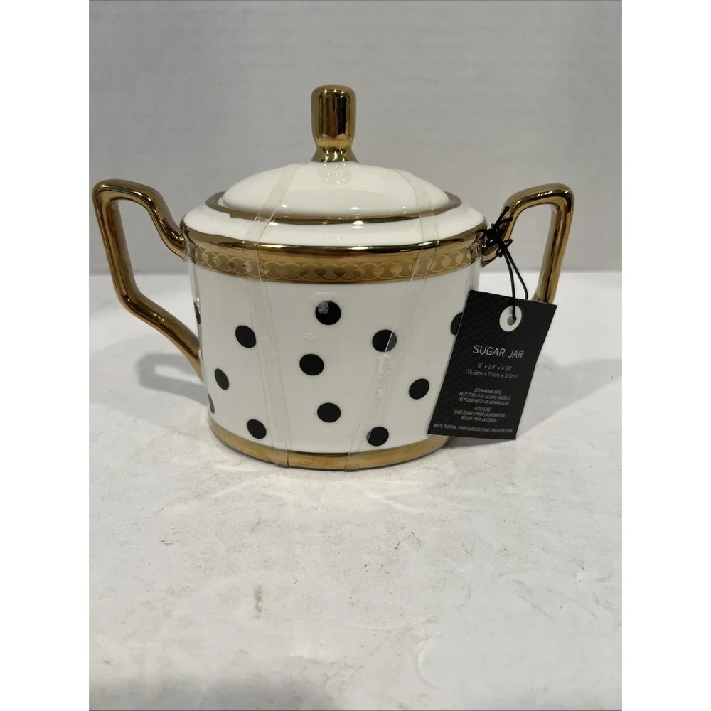 Almeria Collection White Black Polka Dot Sugar‎ Jar Gold Accents Lid New